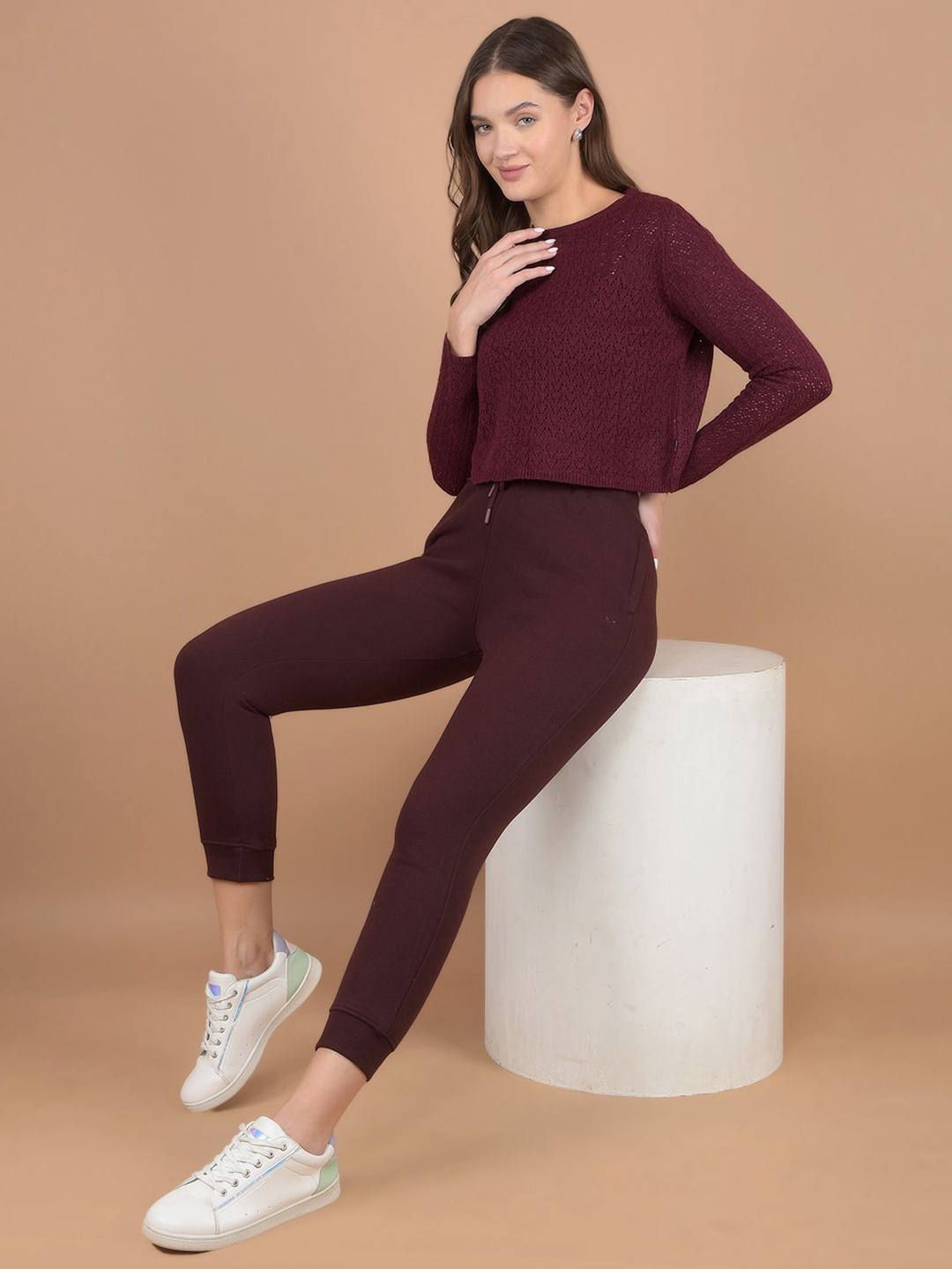 

Crimsoune Club Women Self Design Long Sleeves Crop Pullover Sweater, Red