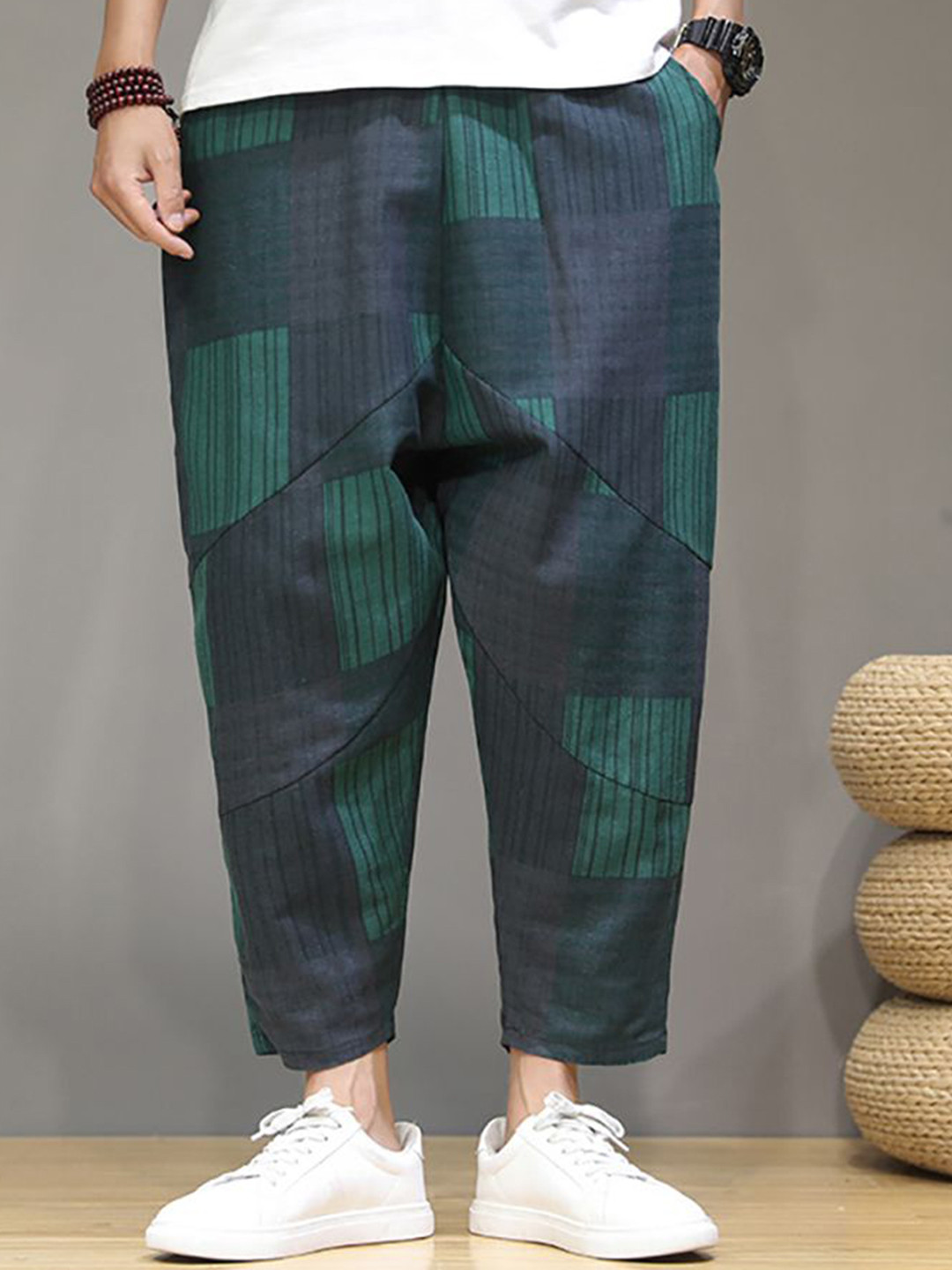 

StyleCast x Revolte Men Checked Easy Wash Wide Leg Trousers, Green
