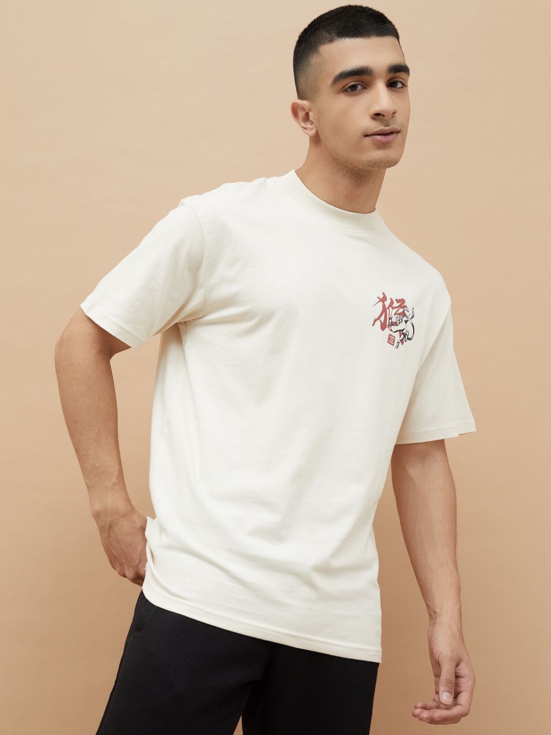 

Fame Forever by Lifestyle Men Graphic Printed Round Neck Cotton Relaxed Fit T-shirt, Beige