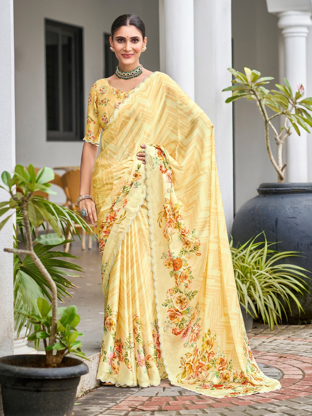 

MAHALASA Floral Sequinned Jharkan work Satin Saree, Yellow