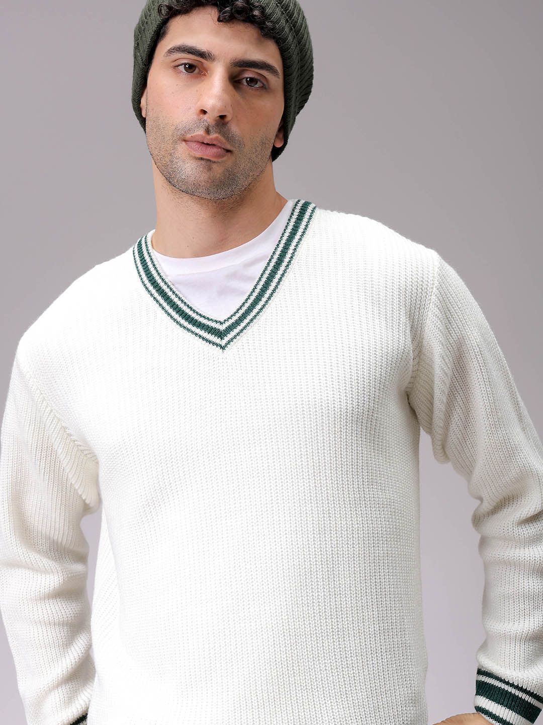 

The Indian Garage Co Men Acrylic V-Neck Long Sleeves Pullover Sweaters, White