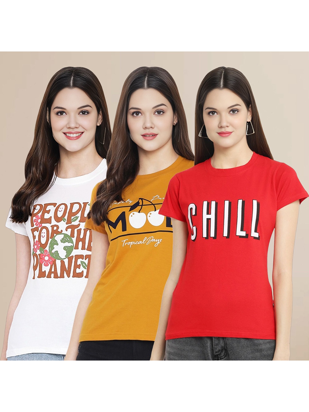 

Metronaut Women Pack Of 3 Typography Printed Round Neck Cotton T-shirts, White
