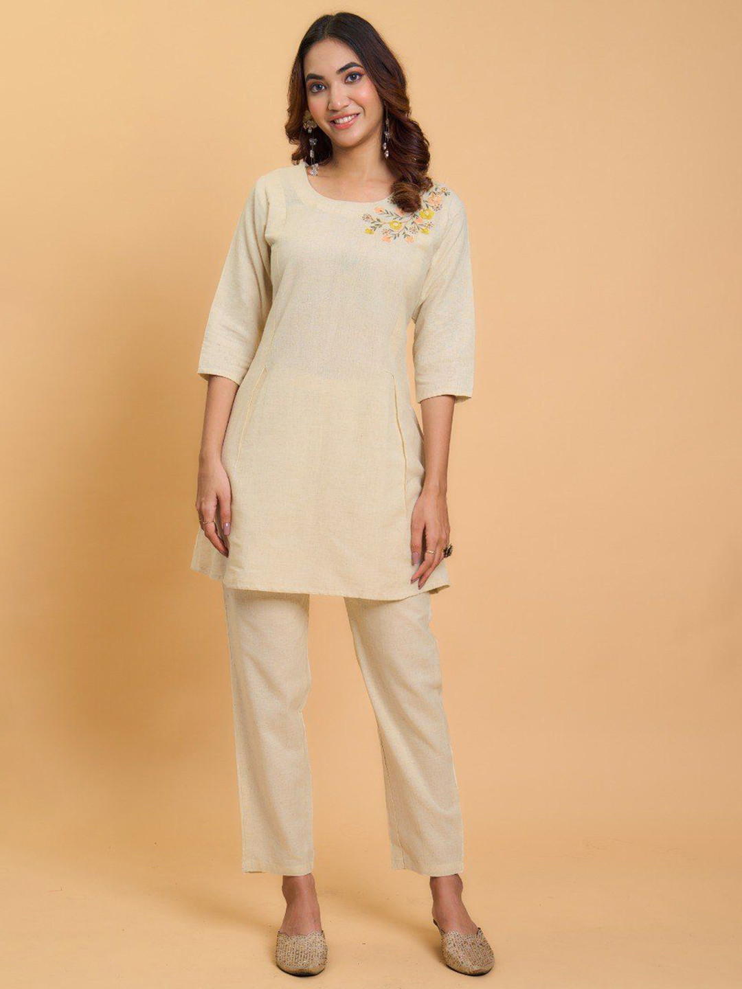 

APNISHA Embroidered Pure Cotton Top With Trousers, Cream
