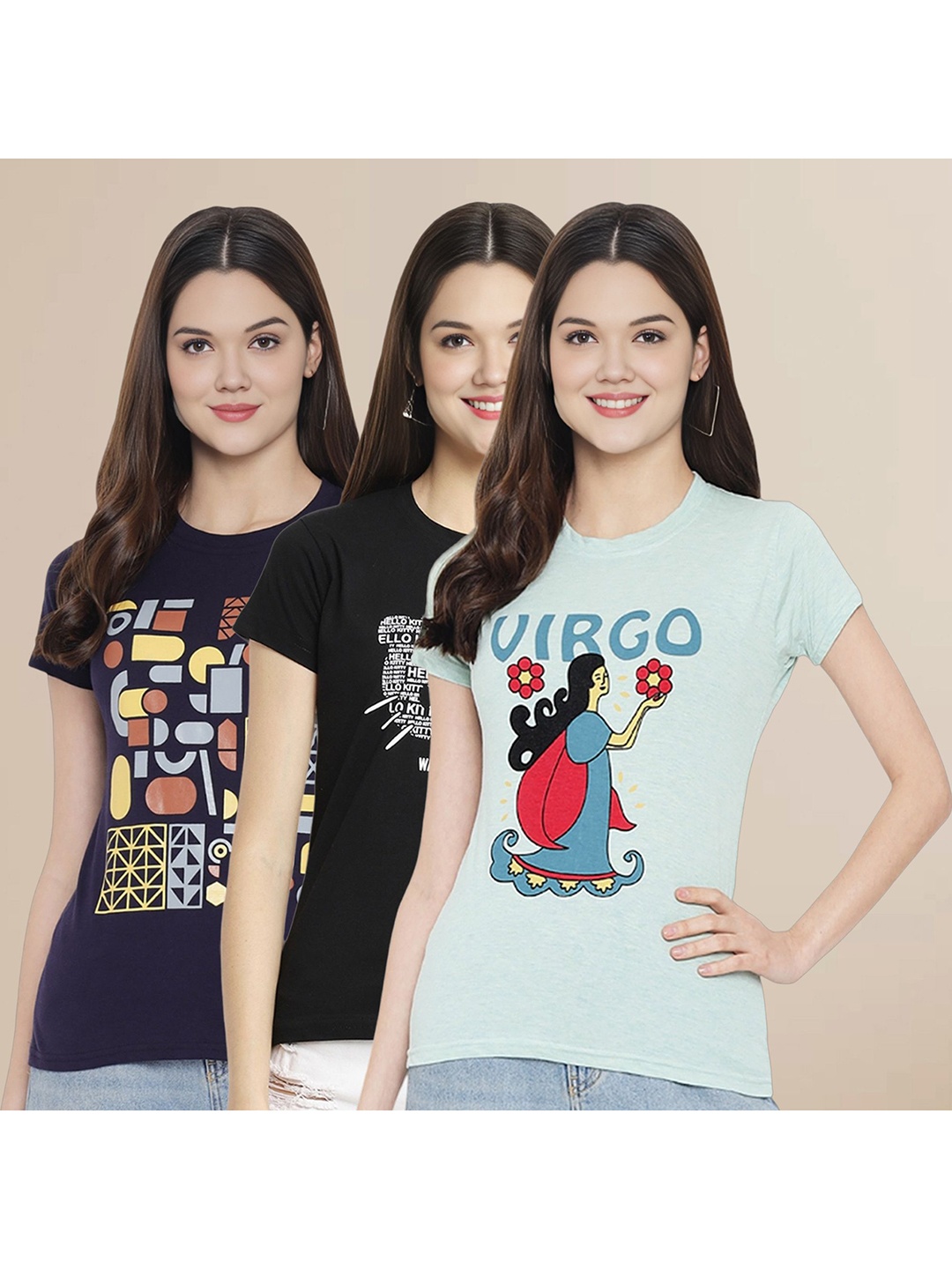 

Metronaut Women Pack Of 3 Typography Printed Round Neck Cotton T-shirts, Navy blue
