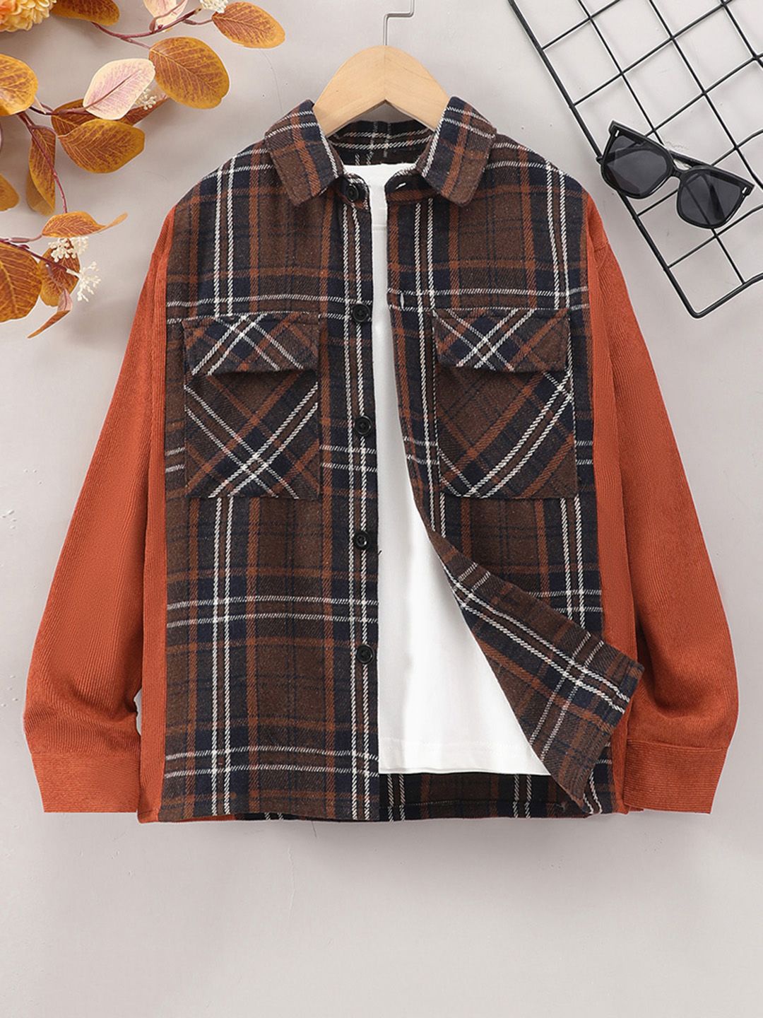 

INCLUD Boys Spread Collar Tartan Checked Casual Shirt, Brown