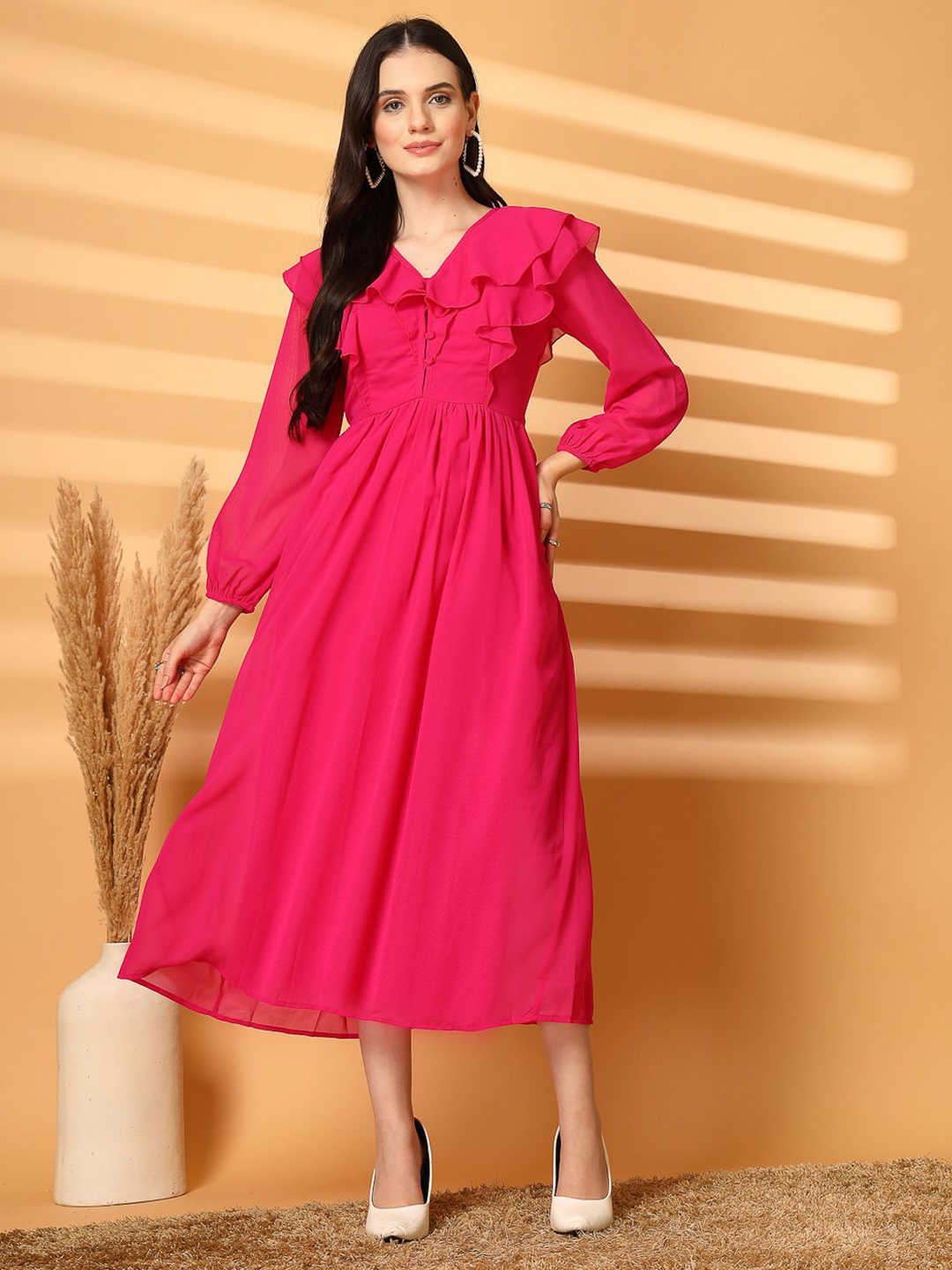 

aayu Women V-Neck Fit & Flare Midi Dress With Ruffles Detail, Fuchsia