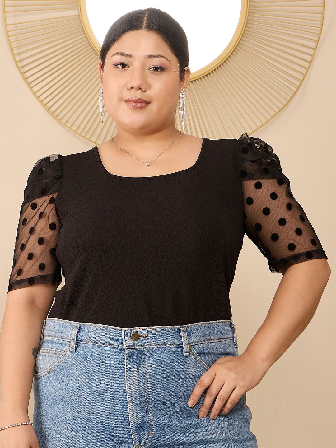 

Berrylush Curve Puff Sleeve Plus Size Top, Black