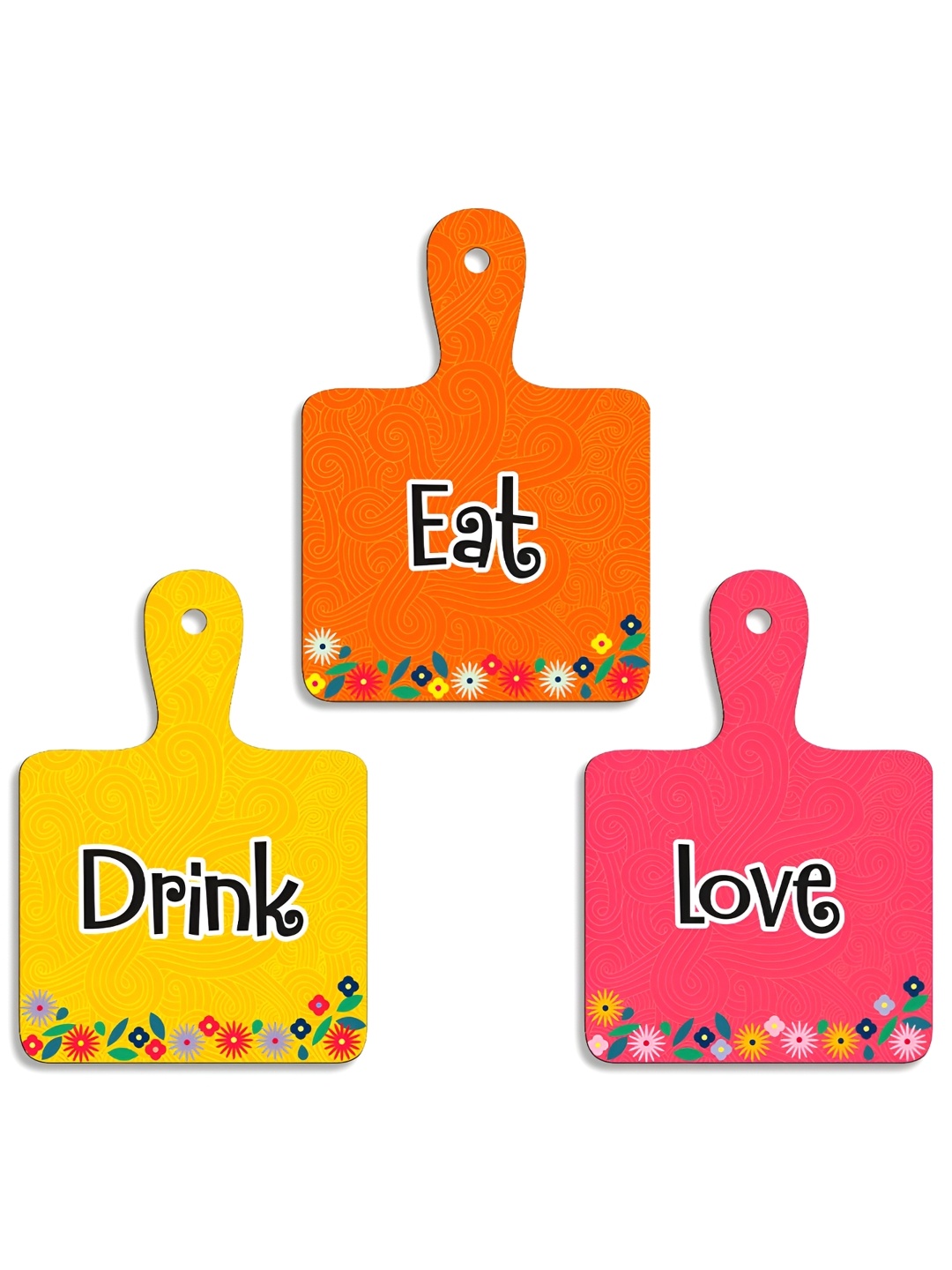 

SEHAZ ARTWORKS Pink & Orange-Coloured 3 Pieces Printed Wooden Wall Hangings