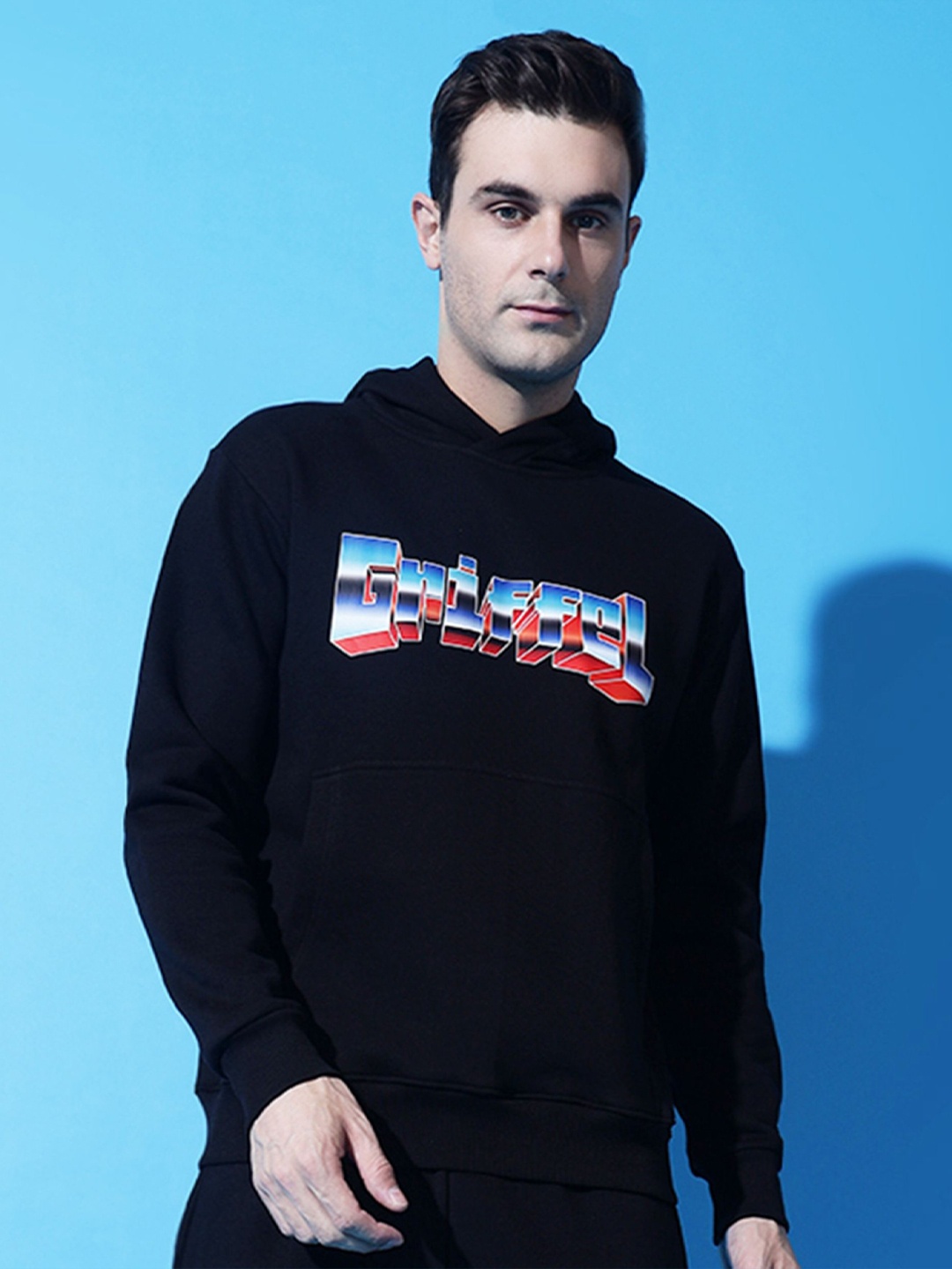 

GRIFFEL Men Printed Long Sleeves Hooded Pullover Sweatshirt, Black
