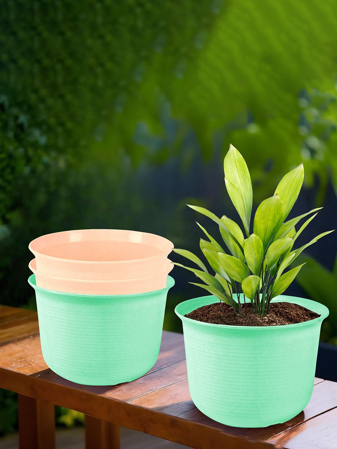 

Kuber Industries Peach Coloured & Green 4 Pcs Planters With Plate