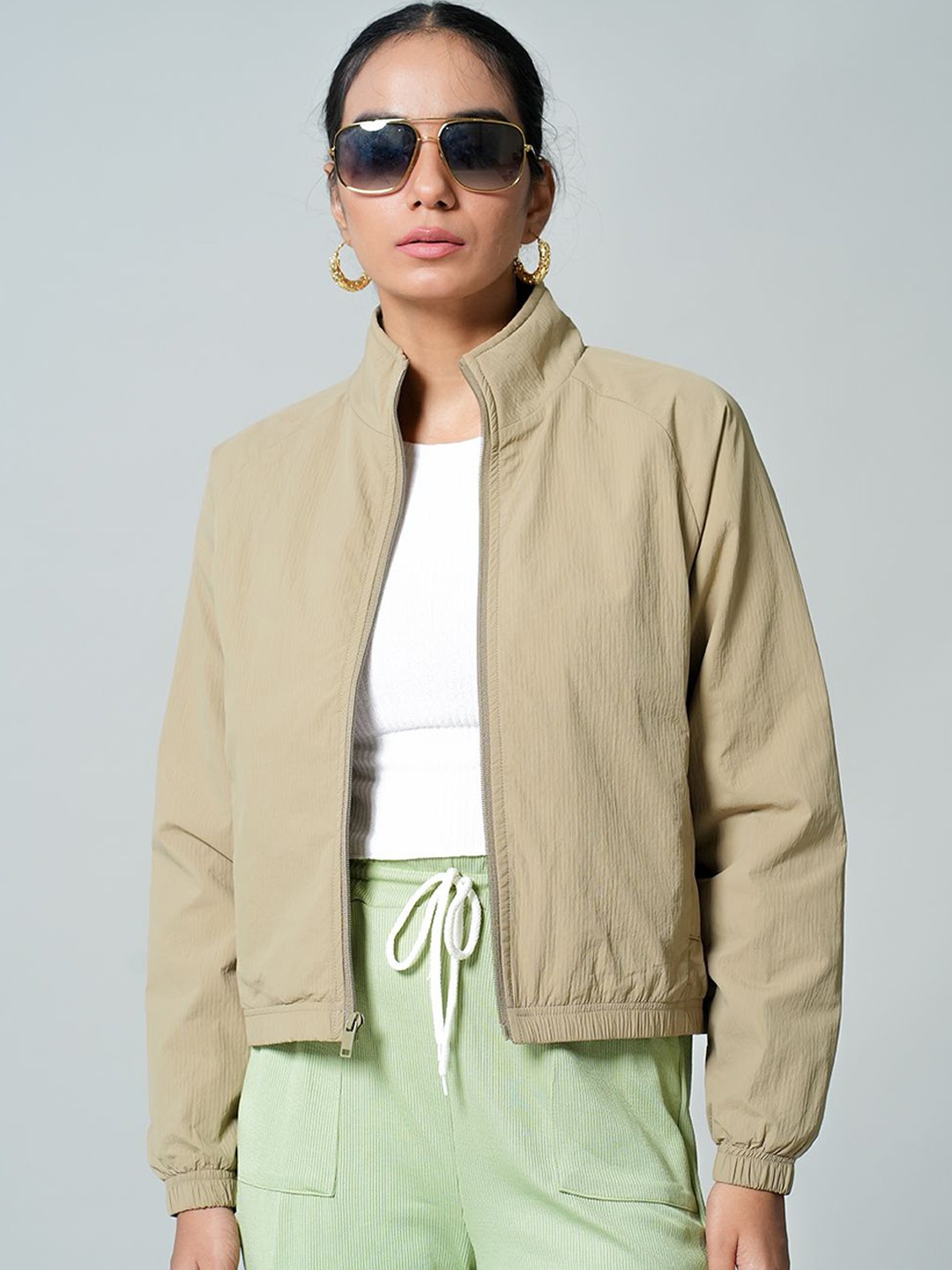 

Fort Collins Women Mock Collar Solid Casual Open Front Jacket, Khaki