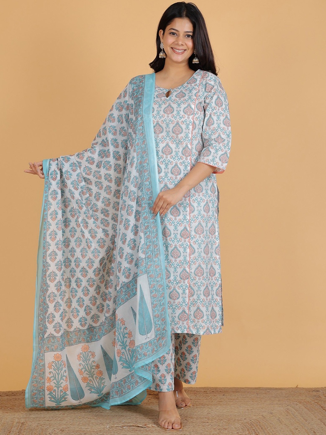 

Aramya Floral Printed Panelled Pure Cotton Straight Kurta With Trouser & Dupatta, White