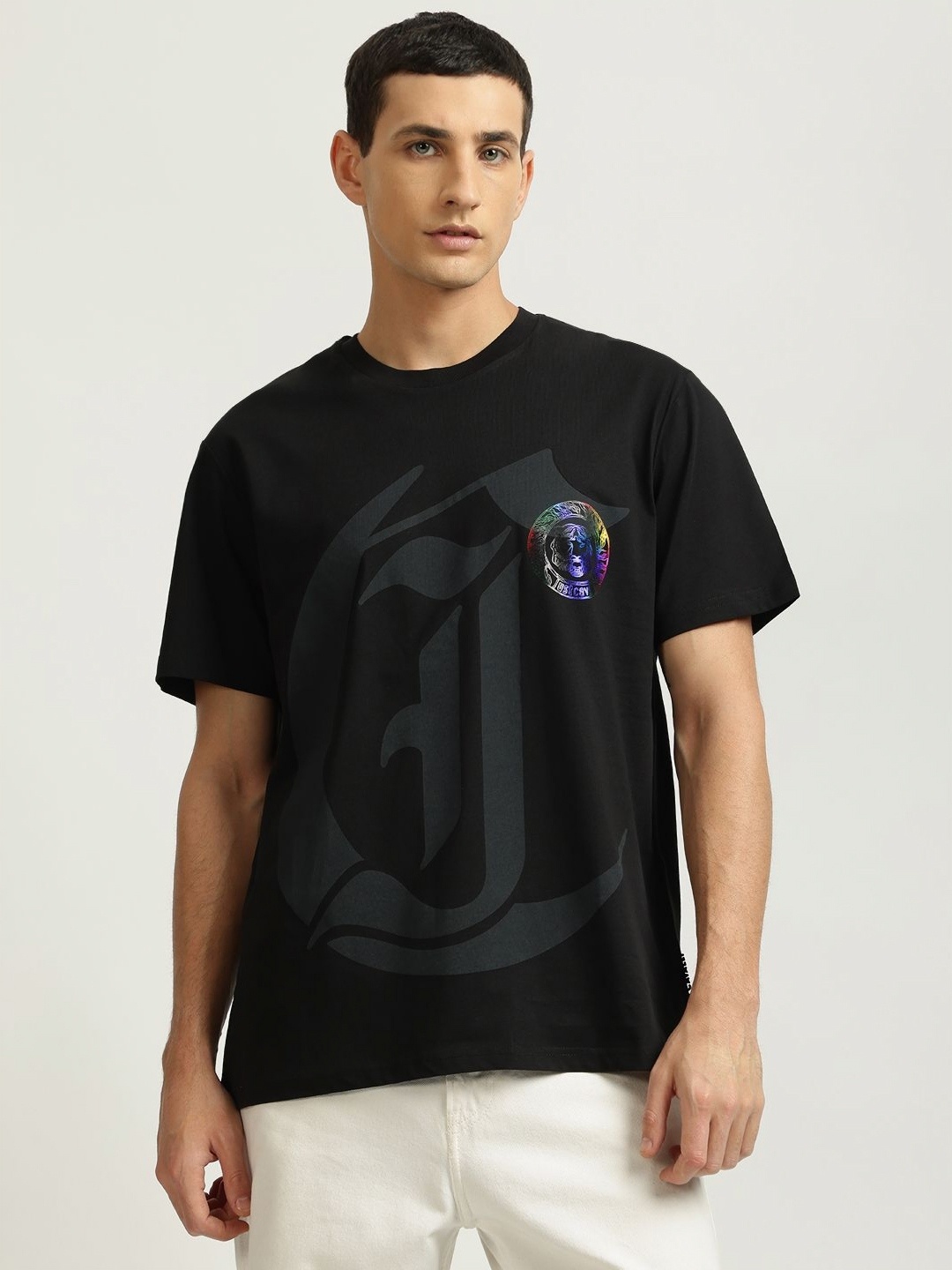 

Just Cavalli Men Abstract Printed Round Neck Cotton T-shirt, Black