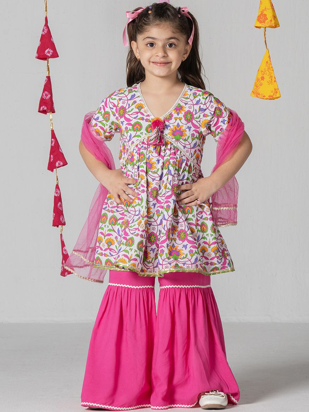 

SPUNKIES Girls Floral Printed Empire Pure Cotton Kurta with Sharara, Pink