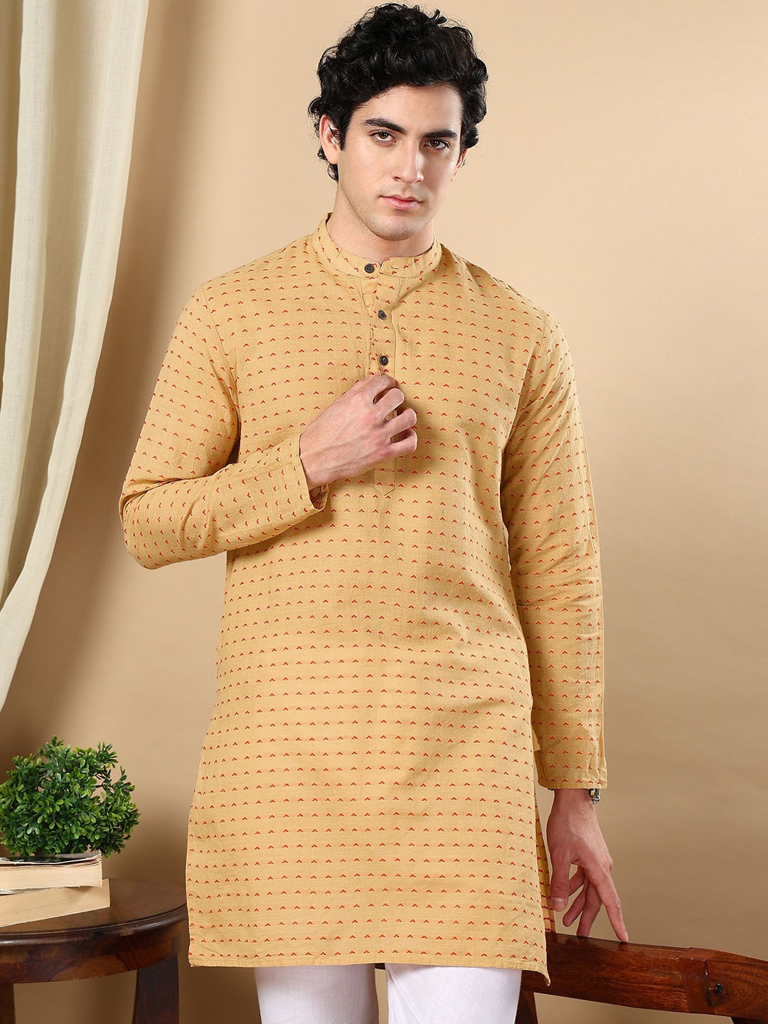 

TATTVA Geometric Woven Design Mandarin Collar Long Regular Sleeves Regular Straight Kurta, Beige
