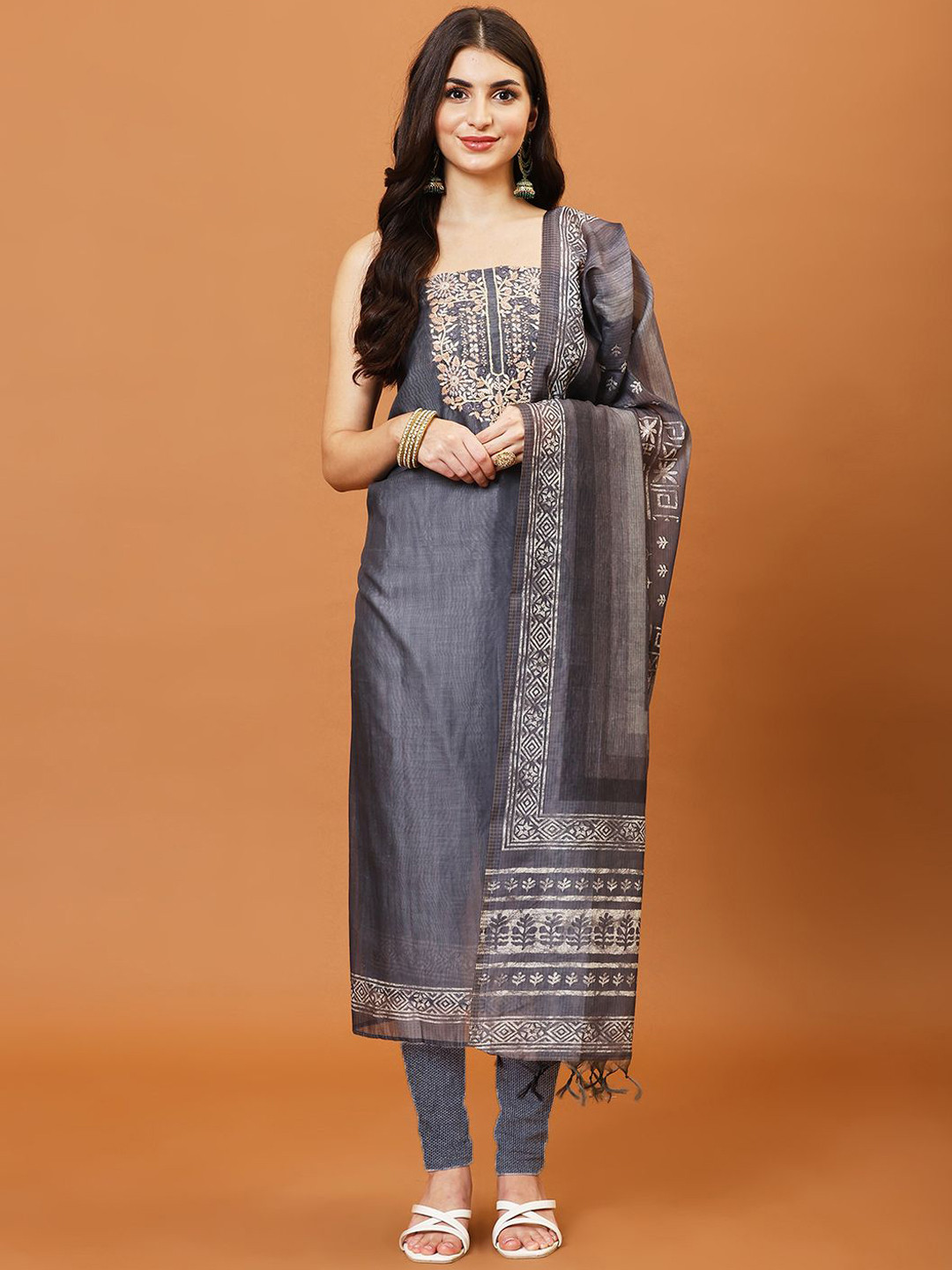 

Meena Bazaar Floral Embroidered Unstitched Dress Material, Grey