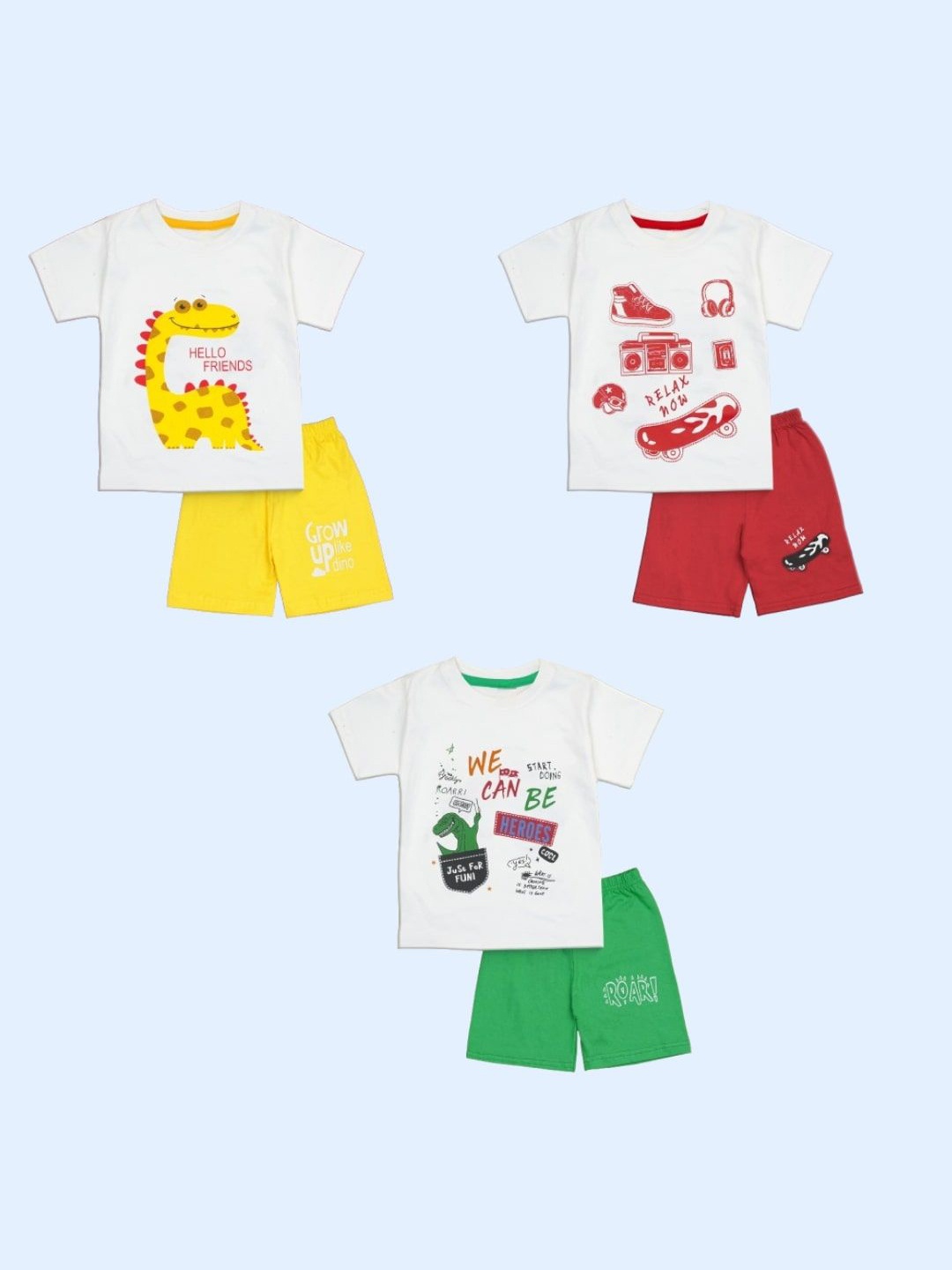 

BURBN Boys Pack of 3 Printed Pure Cotton T-shirt with Shorts, White