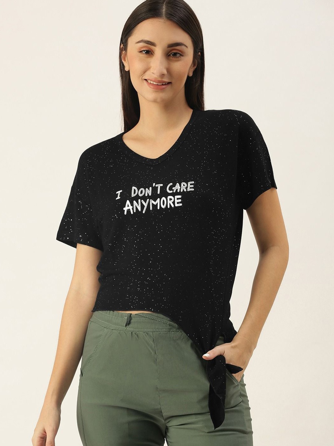 

SHECZZAR Women Typography Striped Top, Black