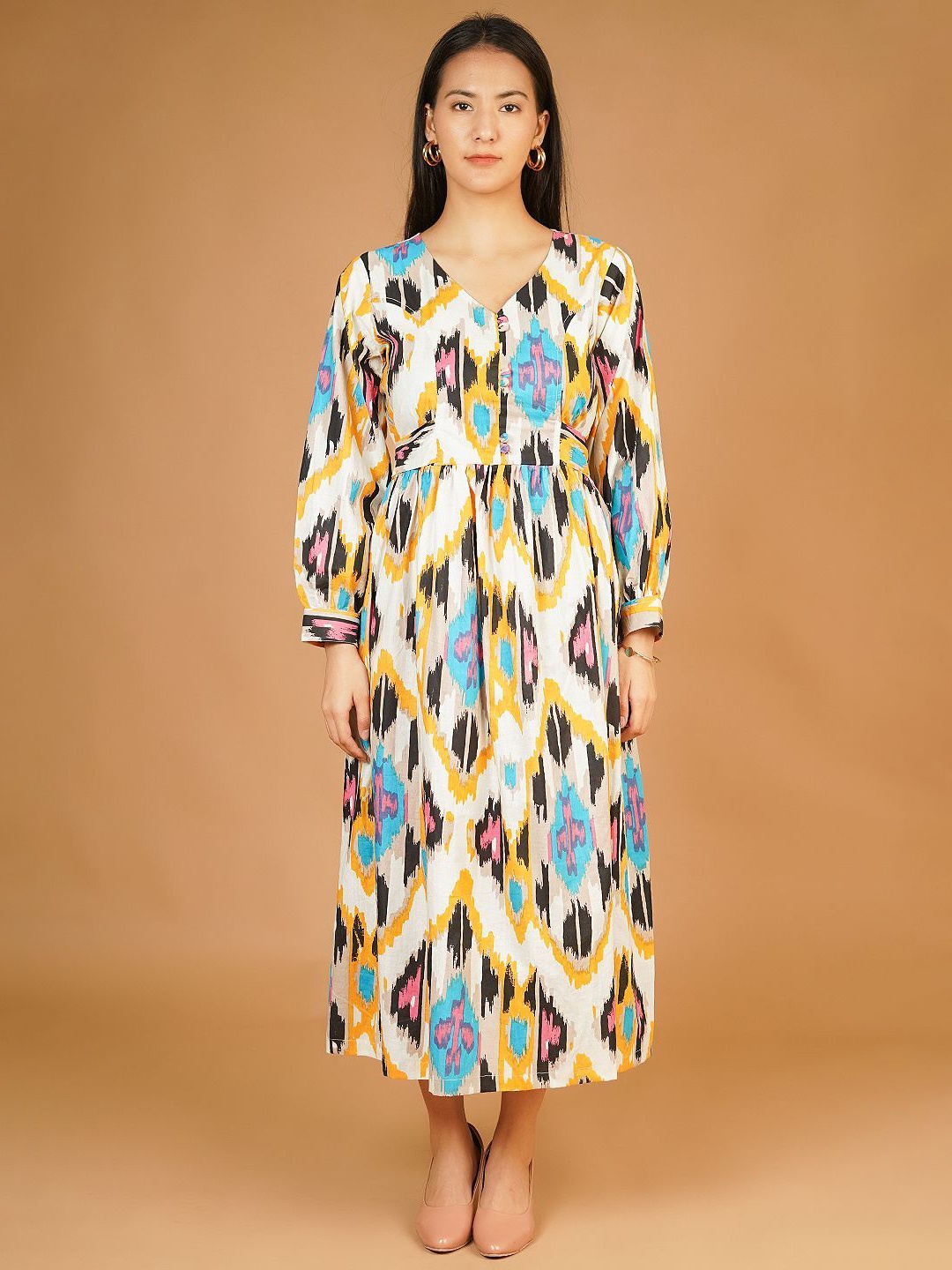 

INDOPHILIA Women Cotton Printed Maxi Dress, Cream