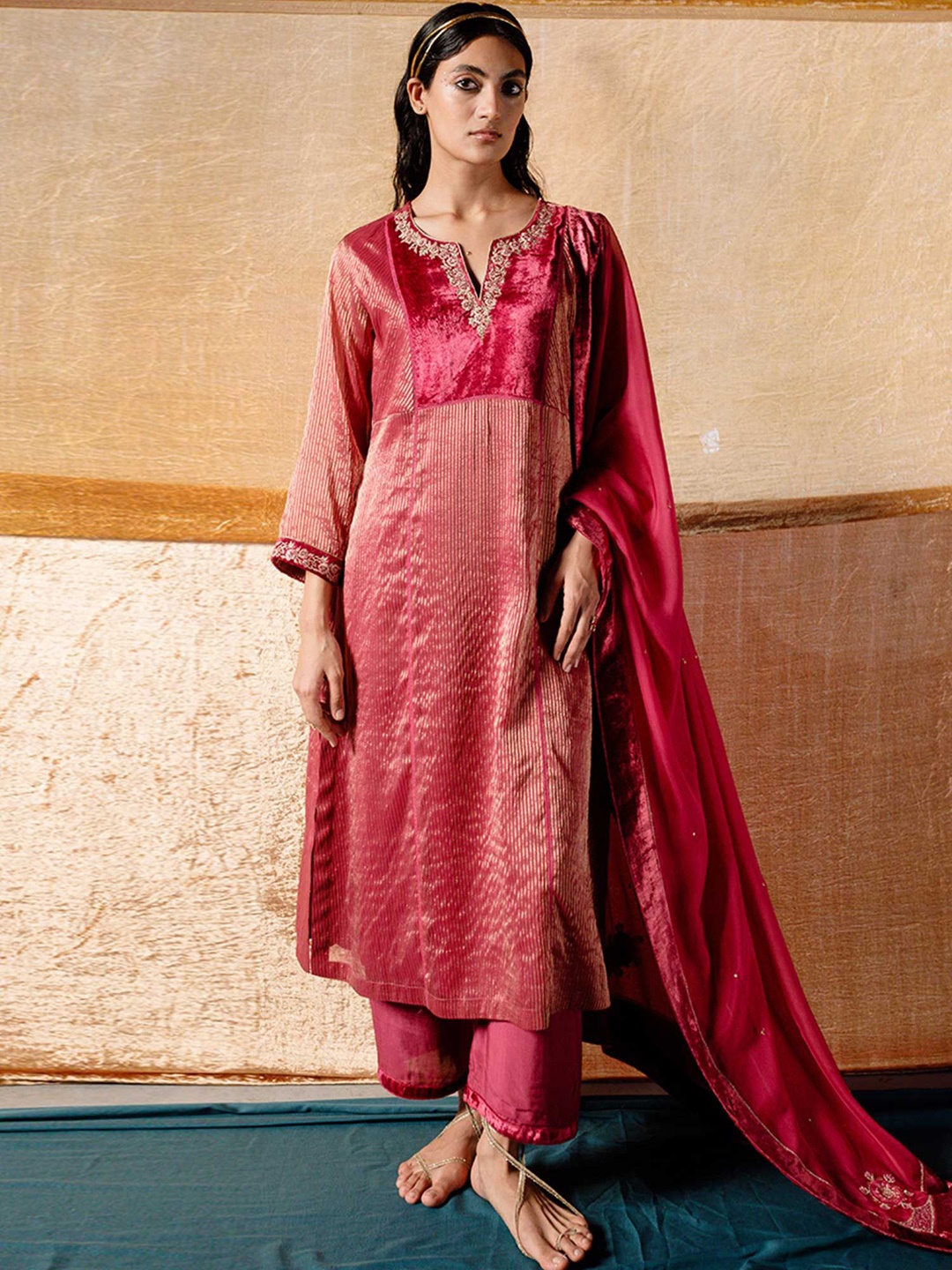 

Ganga Floral Woven Design Raw Silk Straight Kurta With Trouser & Dupatta, Maroon