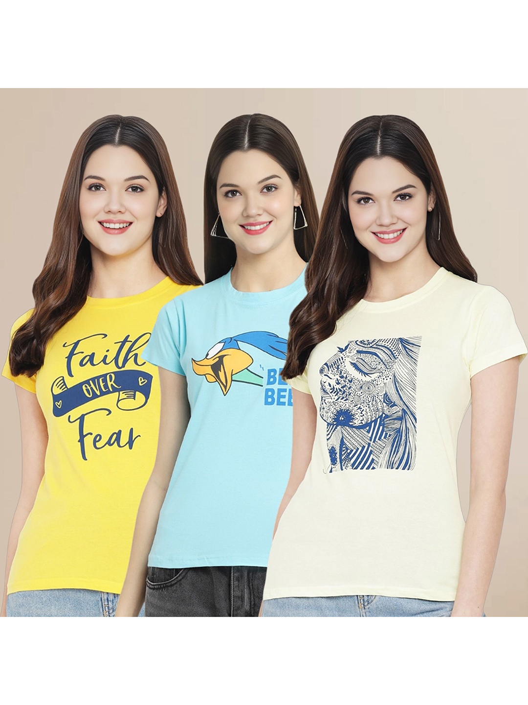 

Metronaut Women Pack Of 3 Typography Printed Round Neck Cotton Looney Tunes T-shirts, Blue