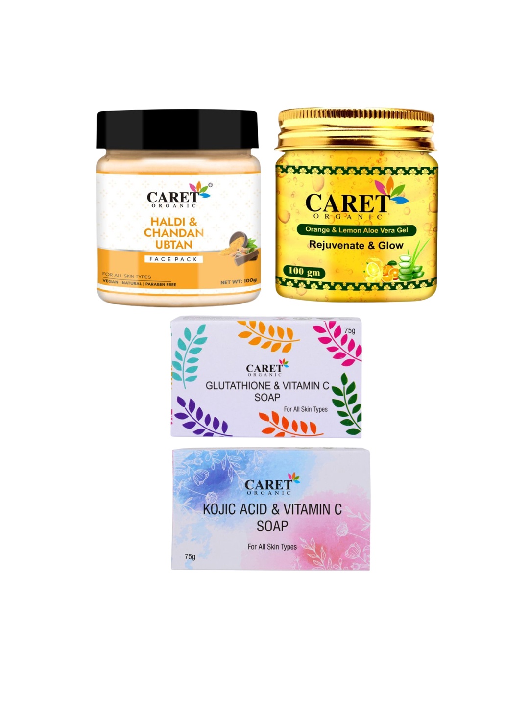 

CARET ORGANIC Set of 4 Haldi Chandan, Kojic Acid & Glutathione Soap, Lemon Aloevera Gel, White