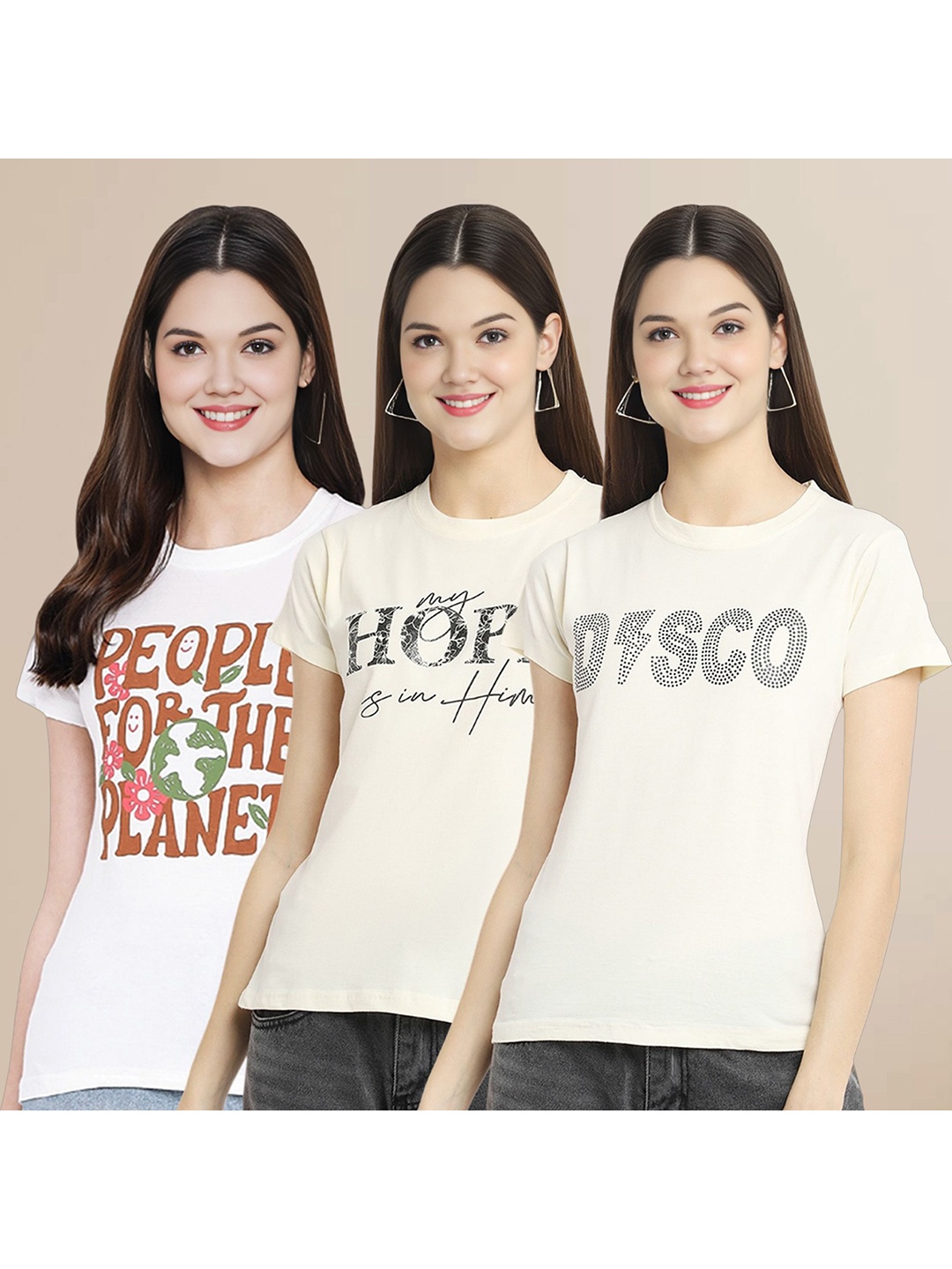 

Metronaut Women Pack Of 3 Typography Printed Round Neck Cotton T-shirts, White