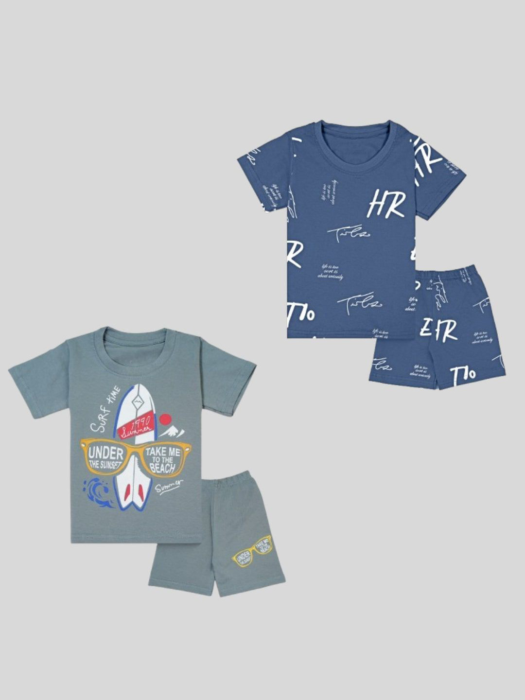 

BURBN Boys Pack of 2 Printed Pure Cotton T-shirt with Shorts, Blue