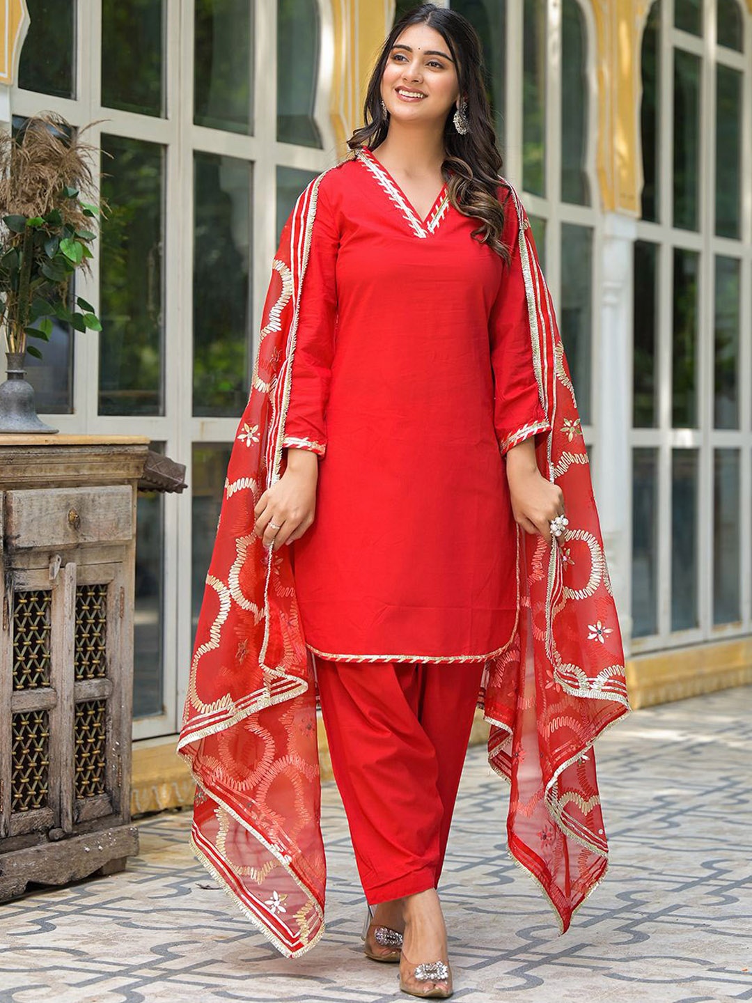 

AKS Couture V-Neck Gotta Patti Pure Cotton Kurta with Salwar & Dupatta, Red