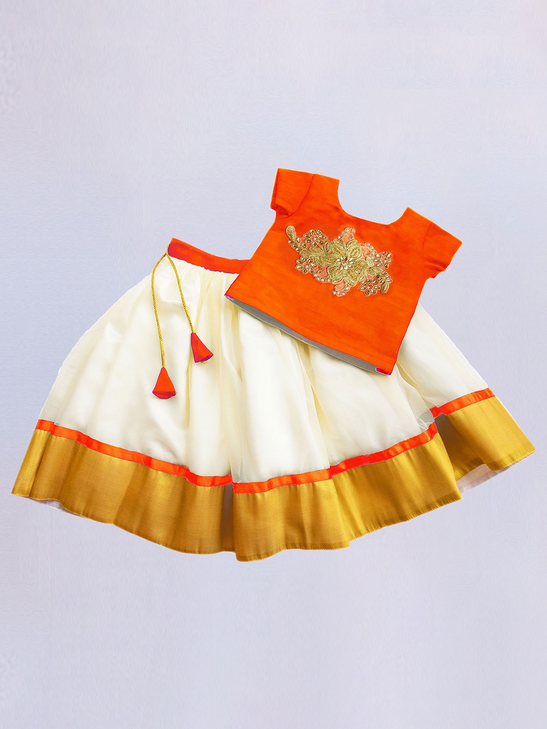 

STANWELLS KIDS Girls Embroidered Beads and Stones Net Ready to Wear Lehenga & Blouse, Orange