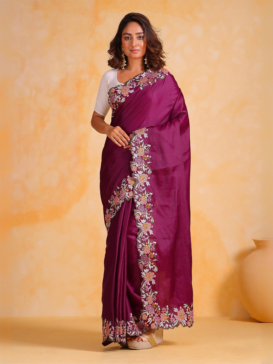 

ODETTE Floral Embroidered Zardozi Saree With Blouse Piece, Purple