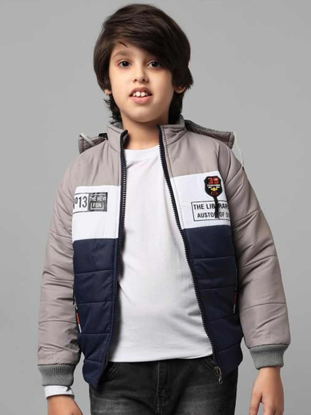 

Anixa Boys Mock Collar Colourblocked Casual Padded Jacket, Navy blue