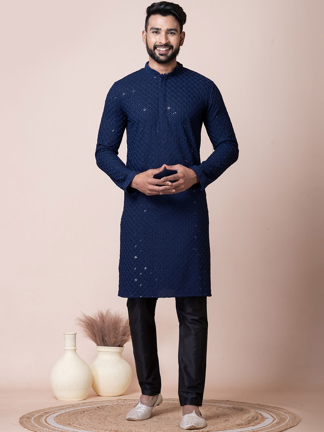 

HERE&NOW Navy Blue Mandarin Collar Woven Design Chikankari Straight Cotton Kurta