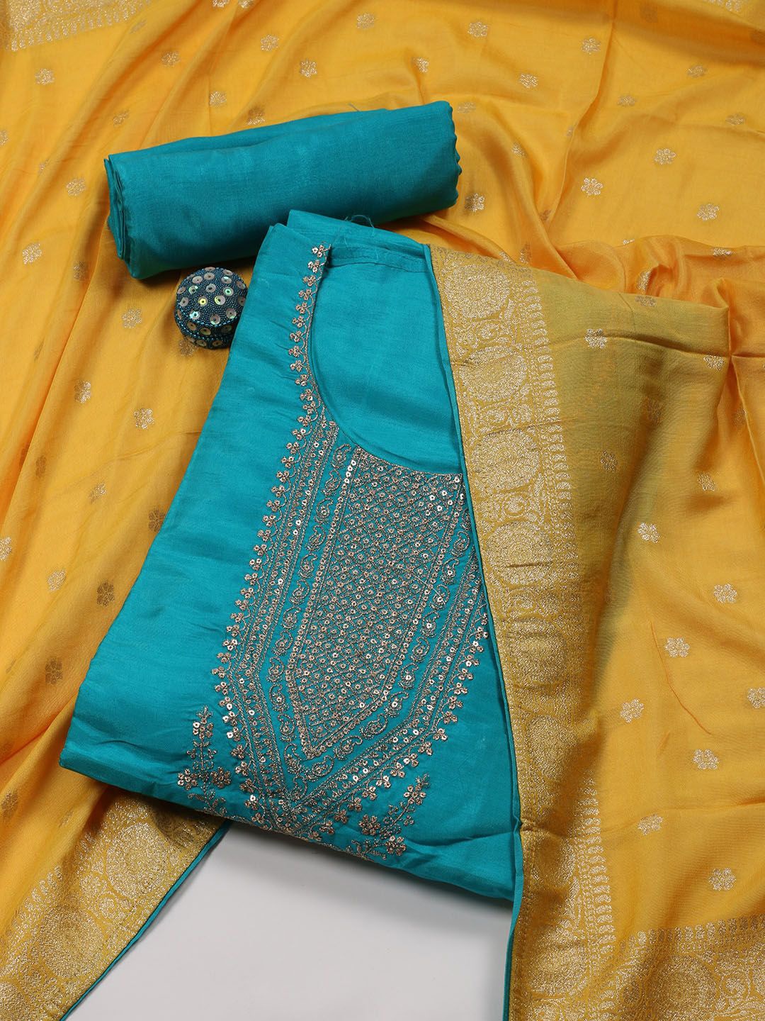 

Meena Bazaar Embroidered Art Silk Unstitched Dress Material, Blue