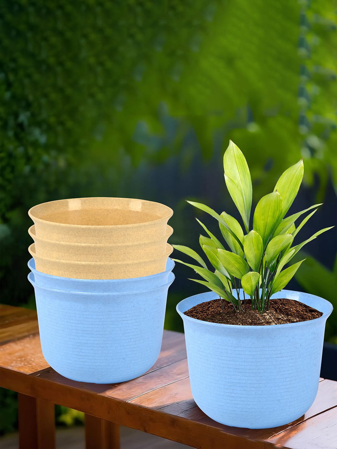 

Kuber Industries Blue & Beige 6 Pieces Textured Planters With Plates