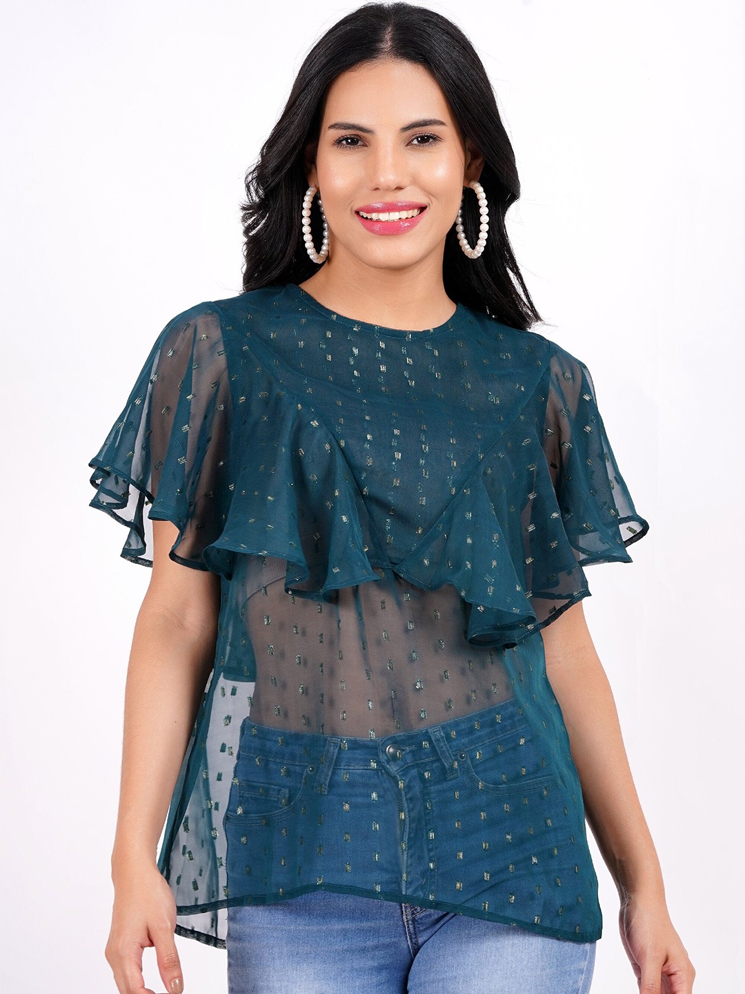 

MINGLAY Women Self Design Regular Top, Green