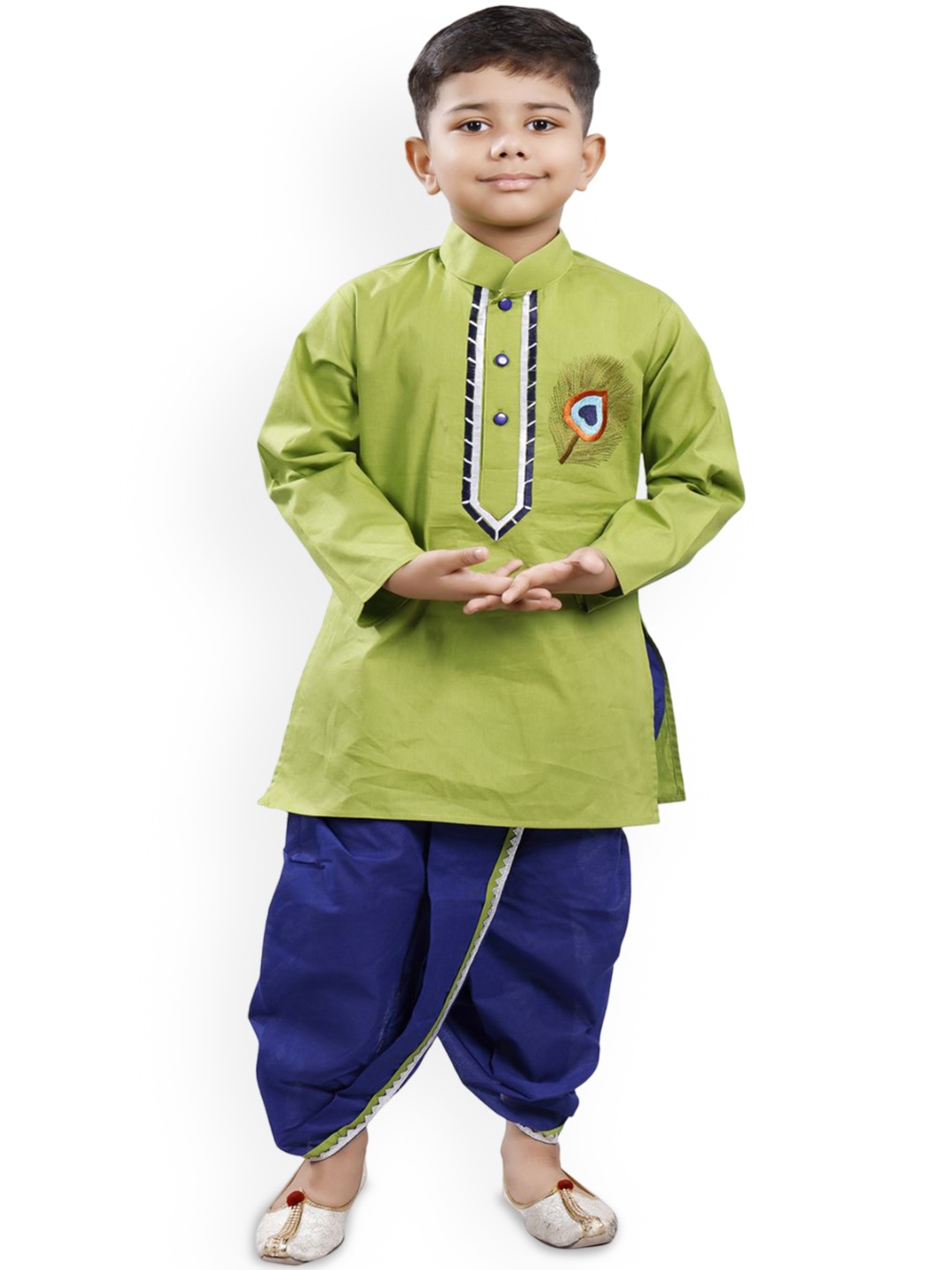 

BAESD Boys Thread Work Mandarin Collar Straight Kurta With Dhoti, Green