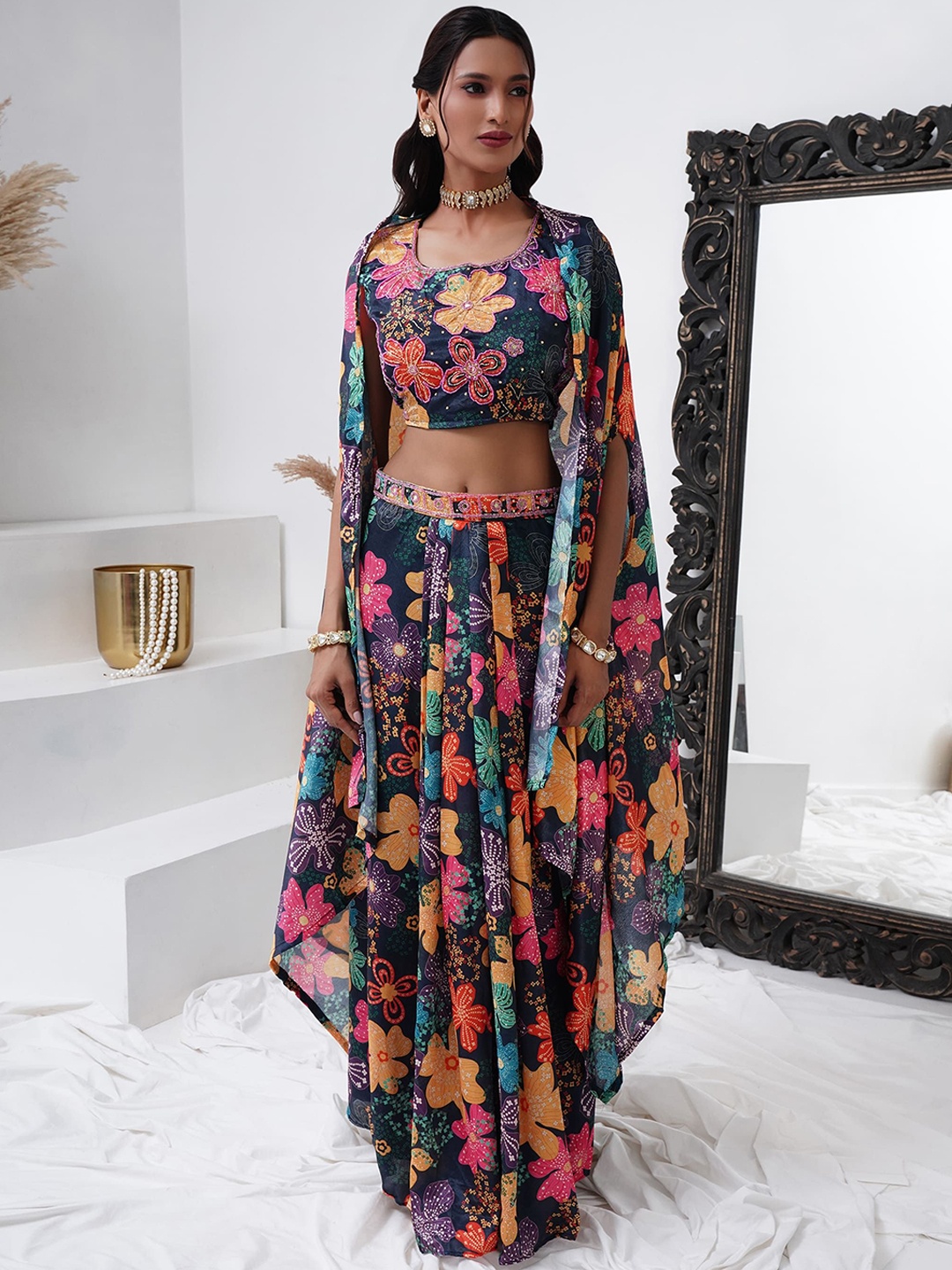 

AMOHA TRENDZ Embroidered Top with Shrug & Skirt, Navy blue