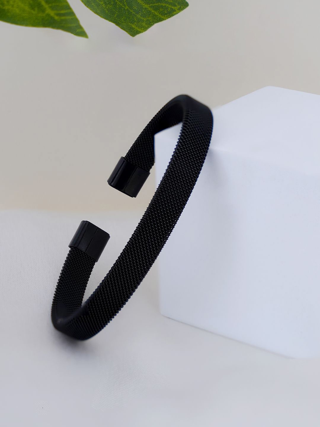 

SWASHAA Men Rhodium-Plated Stainless Steel Cuff Bracelet, Black