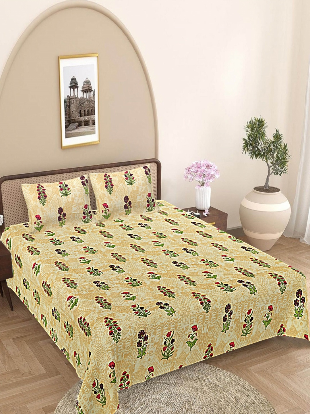 

FrionKandy Living Beige Floral Printed 180 TC Cotton King Bedsheet Set 2.69 m x 2.74 m