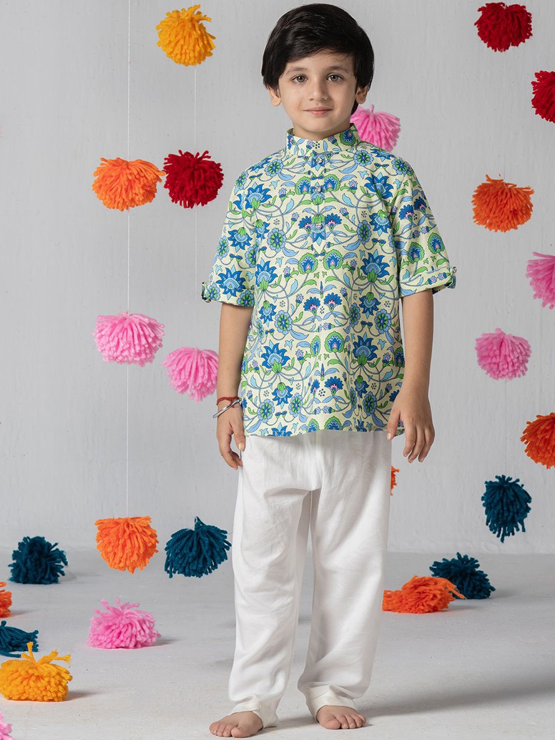 

SPUNKIES Boys Floral Printed Band Collar Straight Kurta With Pyjamas, Green