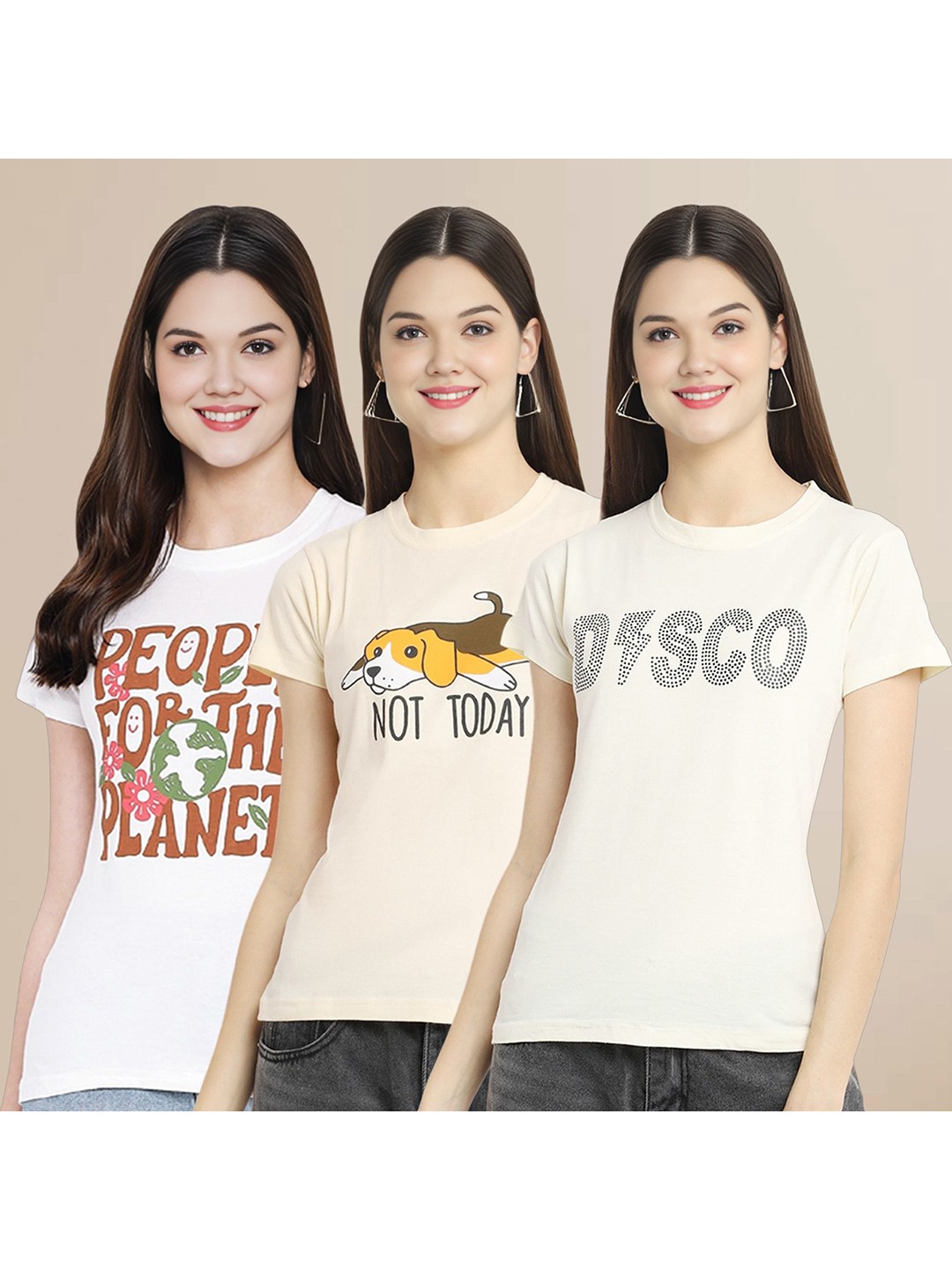 

Metronaut Women Pack Of 3 Typography Printed Round Neck Cotton T-shirts, Off white