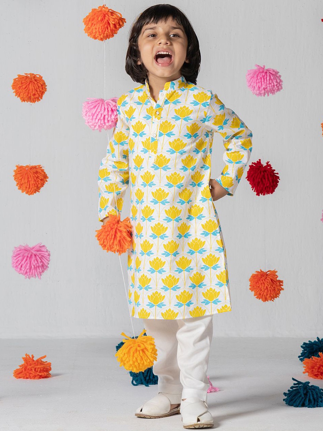 

SPUNKIES Boys Floral Printed Kurta with Pyjama, Yellow