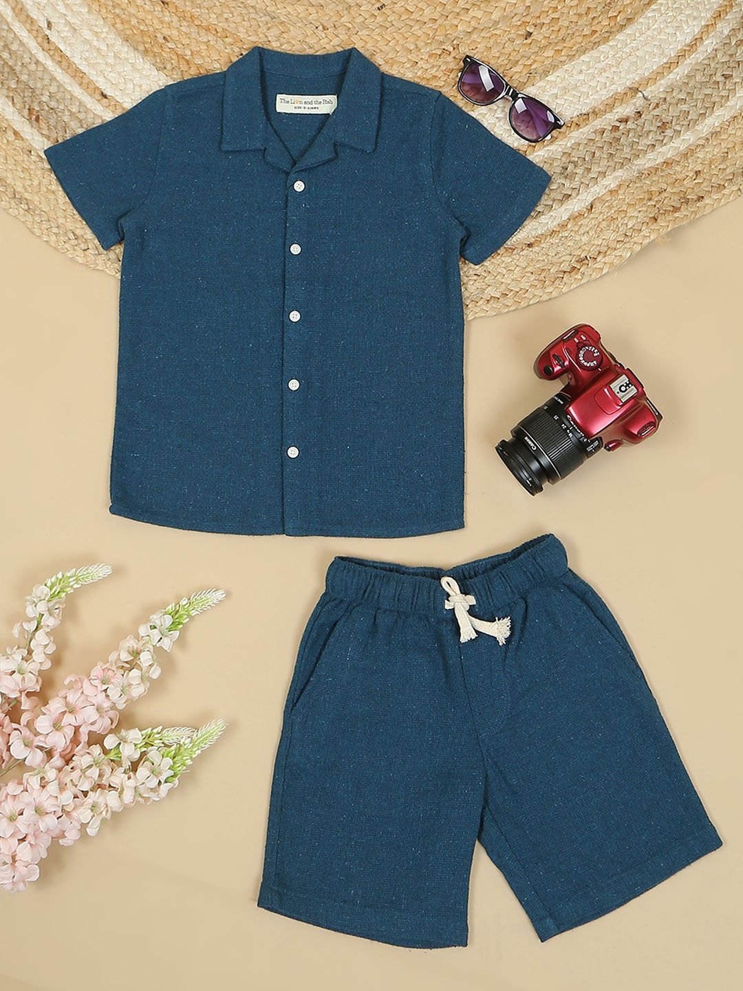 

The Lion and The Fish Boys Shirt Collar Short Sleeves Pure Cotton Shirt With Shorts, Navy blue