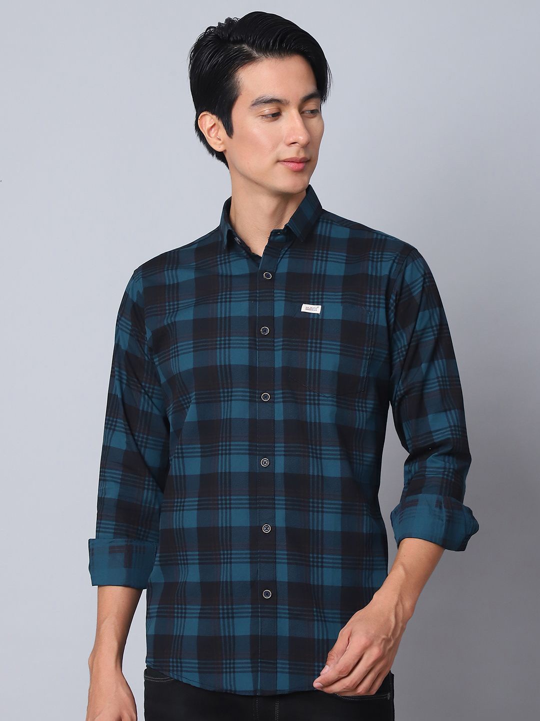 

Majestic Man Men Comfort Spread Collar Tartan Checked Cotton Slim Fit Casual Shirt, Teal