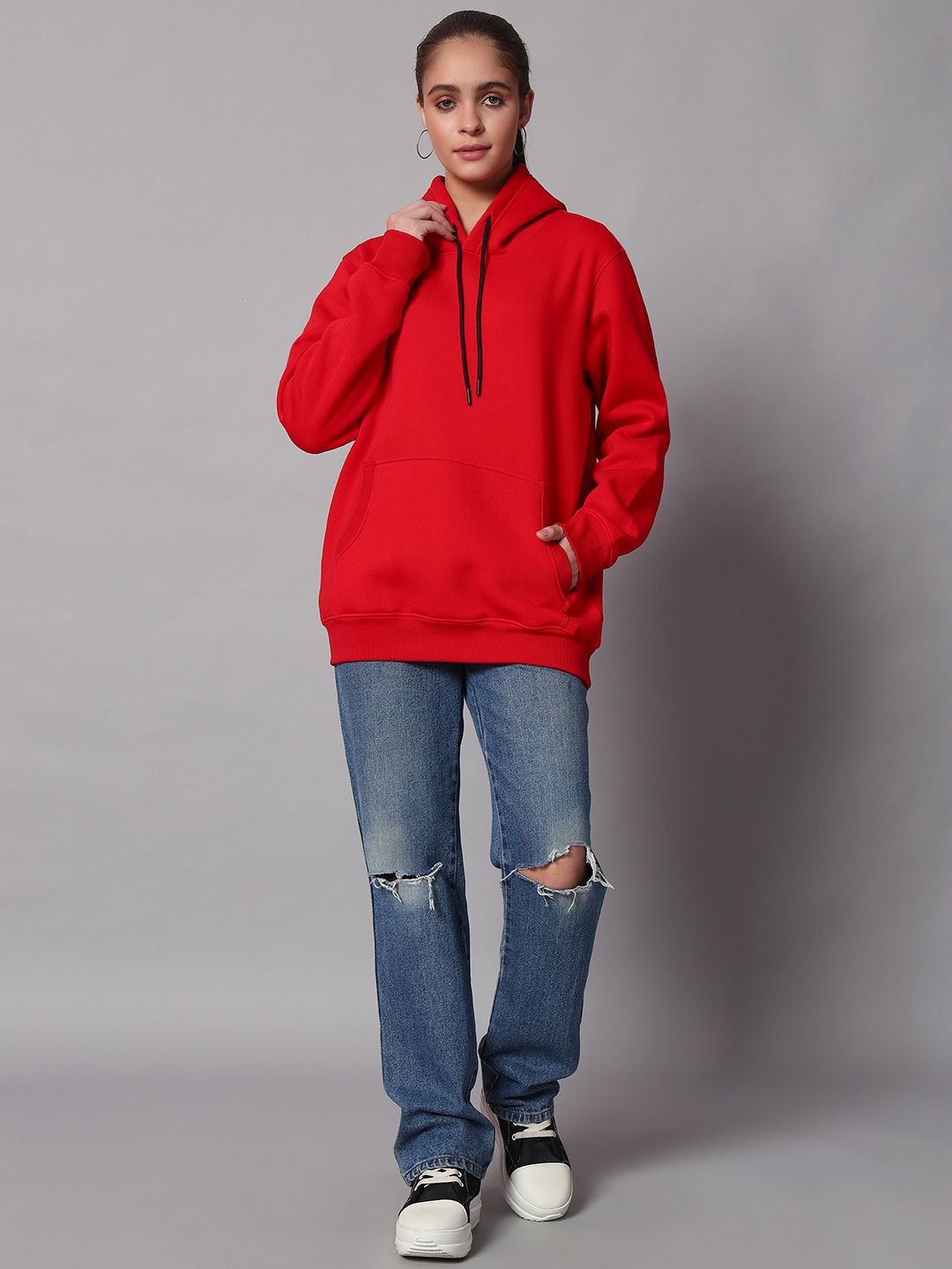 

Obaan Women Solid Hooded Long Sleeves Pullover Sweatshirt, Red