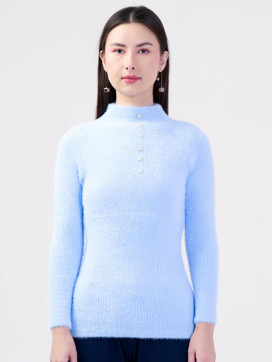 

Albion By CnM Women Self Design Mock Collar Long Sleeves Pullover Sweater, Blue