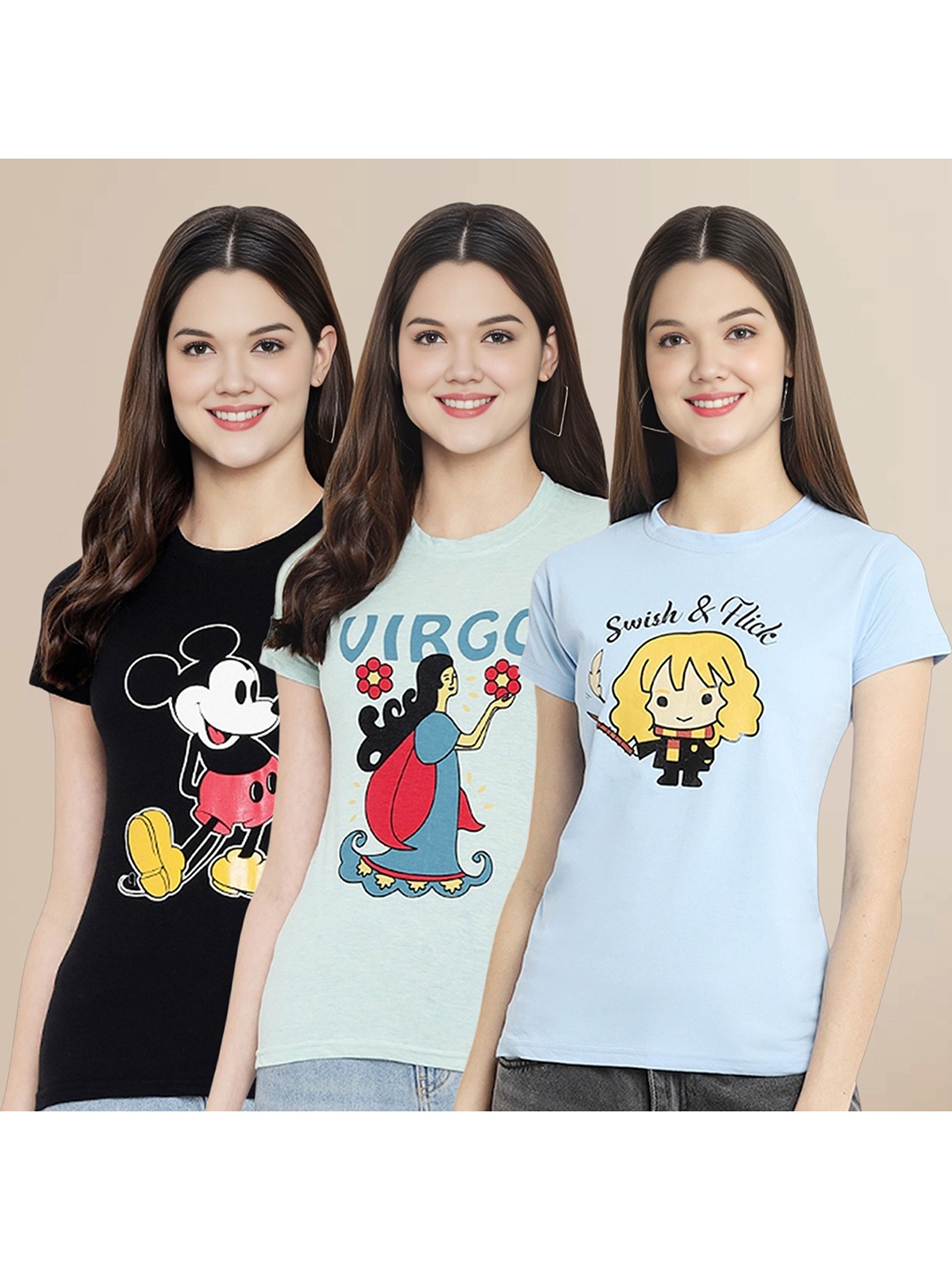 

Metronaut Women Pack Of 3 Typography Printed Round Neck Cotton Mickey Mouse T-shirts, Black