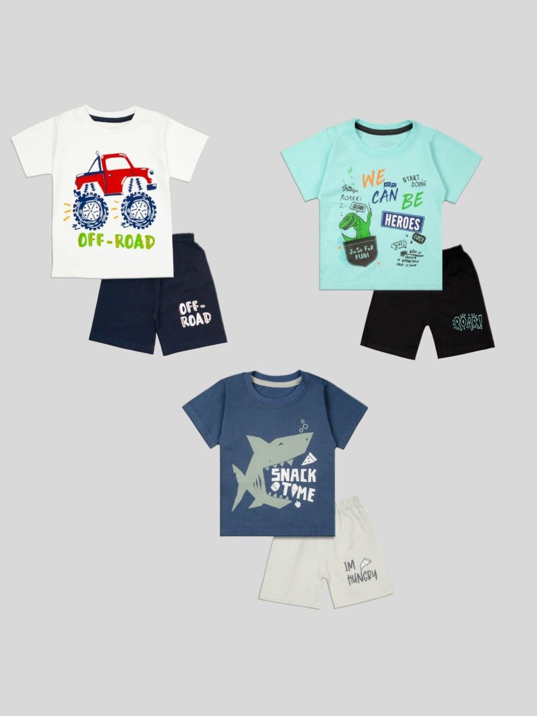 

BURBN Pack of 3 Printed Pure Cotton T-shirt with Shorts, White