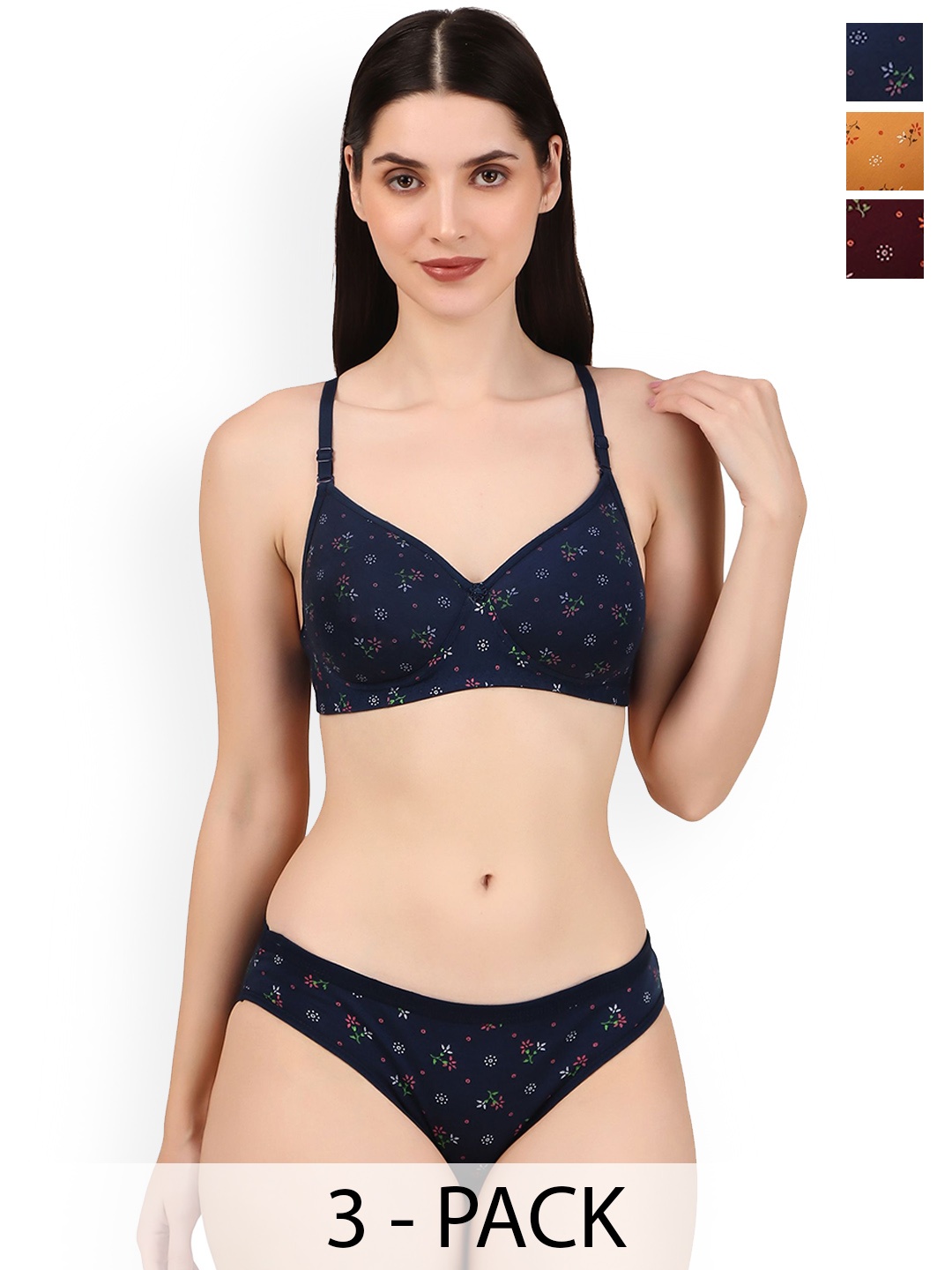 

Piylu Women Pack Of 3 Printed Lightly-Padded Lingerie Sets Set-504-CB3-28, Blue